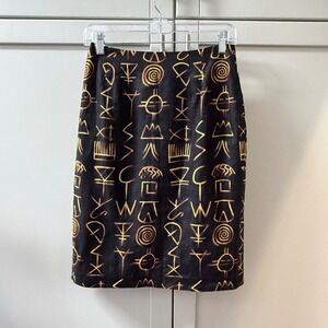 Linda Allard Ellen Tracy Petite Linen Skirt Black Gold Tribal Print Size 8P
